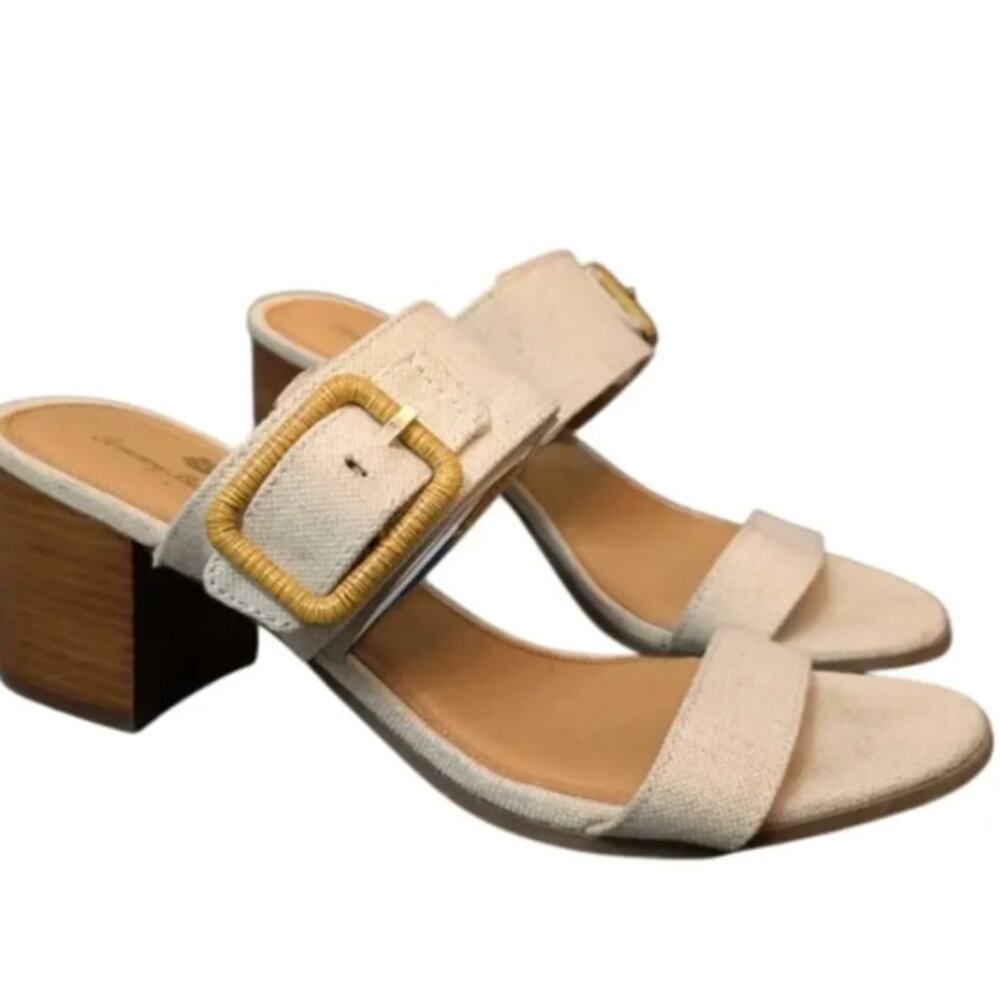 Tommy Bahama Trista Linen Gold Buckle Block Heel Resort Size 7.5